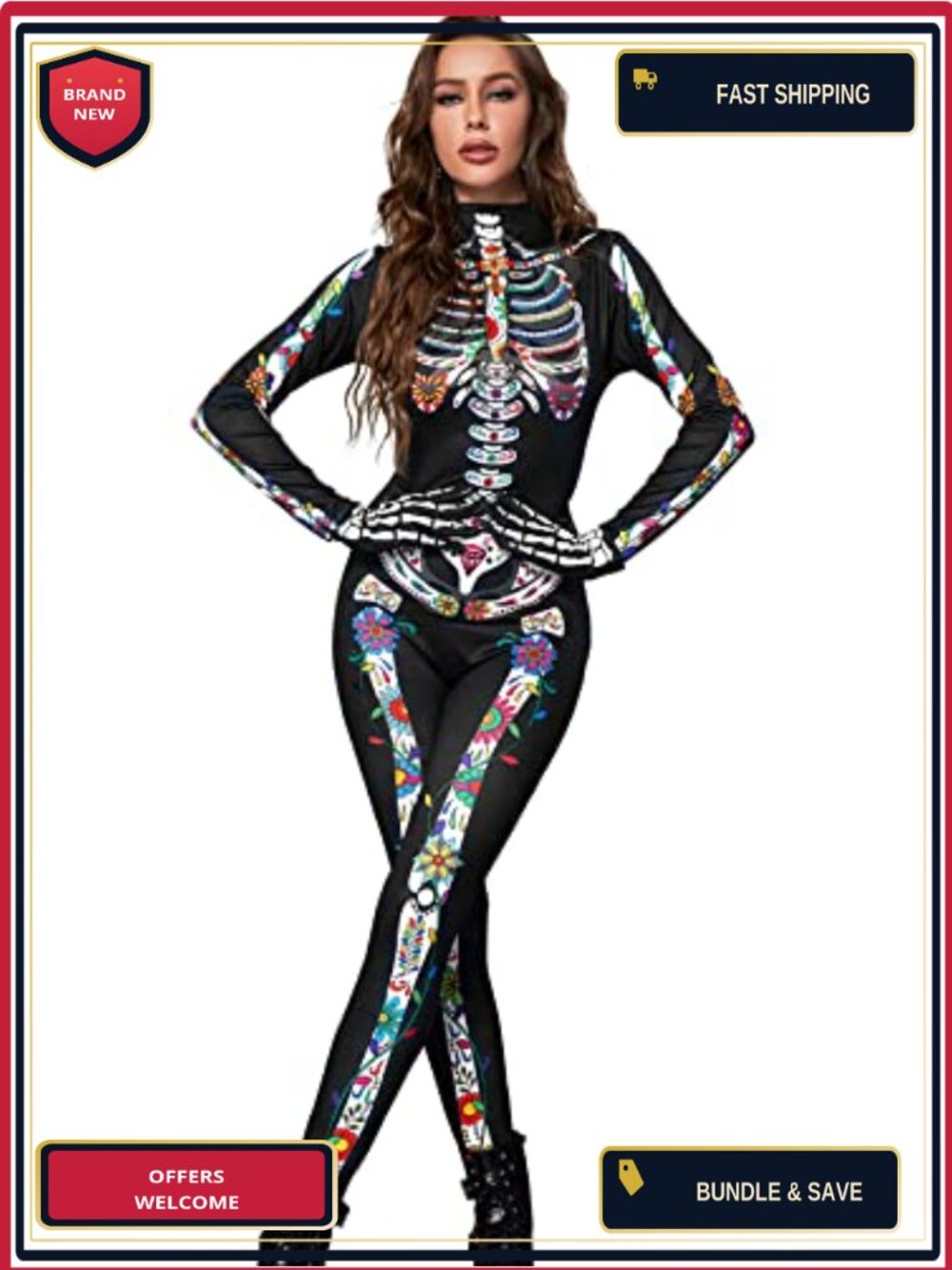 Skeleton Costume Women Adult Onesie Bodysuit with Gloves Halloween Cosplay